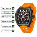 Herren Chronograph Quarzuhr in Tonneau-Form mit leuchtend orangefarbenem Silikonband - Schwarz Oranger Stil