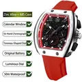 Herren-Quarzuhr in Tonneau-Form mit rotem Silikonarmband, Chronograph und Kalender - Roter Stil
