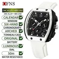 OFNS Herren-Quarzuhr mit Tonneau-Gehäuse, Chronograph und weißem Silikonarmband. - Schwarz-Weißer Stil