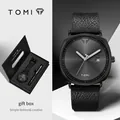 TOMI Mode-Quarzuhr und Stift-Geschenkset mit schwarzem Lederarmband - T044 Mit Geschenkbox / Schwarzes Armband Schwarzes Zifferblatt