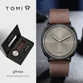 TOMI minimalistische Quarzuhr mit braunem Lederband und schwarzem Gehäuse Geschenkset. - T044 Mit Geschenkbox / Kaffee Armband Champagner