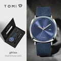 Elegantes TOMI Quarzuhren-Geschenkset mit blauem Zifferblatt und blauem Lederband - T044 Mit Geschenkbox / Blaues Armband Blaues Zifferblatt