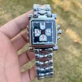Detail view of men's square quartz watch with unique silver bullet-head metal strap - White Dial Panda Style (3246) / Panda White Style