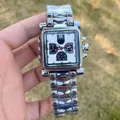Detail view of men's quartz watch with unique silver bullet-head metal band. - Black Dial Panda Style (3246) / Panda Black Style