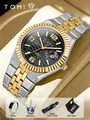 TOMI Herren-Quarzuhr-Geschenkset mit Brosche, Ring und Box in Silber-Gold-Bicolor-Optik - Silber Gold Schwarz Set
