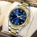 TOMI luxury men's quartz watch featuring a sunray blue dial and two-tone gold-silver steel band - Two-Tone Case Blue Dial / Gold-Silver Blue