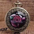 Orologio da taschino vintage in bronzo con motivo floreale a rosa rossa artistica sulla cover - Motivo Floreale / Fiore di Bronzo Antico