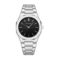 Luxury silver stainless steel band men's quartz watch featuring an octagonal black dial - Silver Black