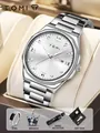 TOMI silver stainless steel business quartz watch set with ring, brooch, and box - With Brooch Ring Accessories / Silver White Gift Box Set / Silver