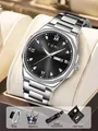 TOMI Men's Business Quartz Watch in Silver with Black Diamond Dial and Gift Set - With Brooch Ring Accessories / Silver Black Gift Box Set / Silver Black