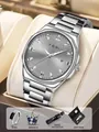Tomi men's silver steel quartz watch set with diamond markers and gift accessories - With Brooch Ring Accessories / Silver Gray Gift Box Set / Silver Gray