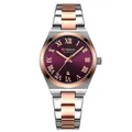 CURREN 9095 luxury women's quartz watch with purple dial and two-tone stainless steel strap. - Roman Numeral Calendar Style (9095) / Rose Two-Tone Case Rose Two-Tone Strap Purple Dial