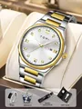 Premium TOMI silver and gold men's quartz watch with diamond dial and accessory gift set - With Brooch Ring Accessories / Two-tone White Gift Box Set / Two-tone Gold White