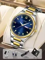 TOMI men's quartz watch with blue dial and diamond markers including gift box set - With Brooch Ring Accessories / Two-tone Blue Gift Box Set / Gold-Silver Blue