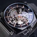 Herren-Skelett-Automatik-Mechanikuhr mit schwarzem Mesh-Armband und roségoldenen Indizes - Schwarzes Gehäuse Roségold Index Stil (W1076-10)