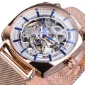 Forsining Automatikuhr für Herren, Skelett-Zifferblatt, blaue Zeiger, Roségold-Gliederarmband - Roségold Blaue Zeiger Stil (W1076-7)