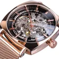 Forsining automatische mechanische Skelettuhr für Herren mit Roségold-Mesh-Armband - Roségold Weißes Gesicht Stil (W1076-8)