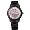Detailansicht der WINNER mechanischen Herrenuhr mit schwarzem Skelett-Zifferblatt und Gehäuse - Schwarzes Gehäuse/Weißes Roségold Innenring