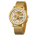 Luxury gold men's manual mechanical skeleton watch featuring a stainless steel mesh strap - Gold (Gold Band White Face)