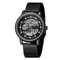 T-Winner men's luxury black skeleton mechanical watch with stylish mesh stainless steel strap - Black (Black Band Silver Movement)