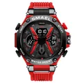 SMAEL men's sports watch, dual display waterproof digital quartz watch in red and black. - Red