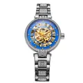 Elegante Automatik-Damenuhr mit Skelettzifferblatt und silbernem Strass-Armband - Blaues Zifferblatt Silbernes Band