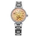 Silberne FORSINING automatische Damen-Mechanikuhr mit Skelettzifferblatt und Kristall - Rosa Zifferblatt Silbernes Armband