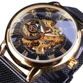 Reloj automático esqueleto Forsining para hombre con caja dorada y correa de malla negra - Caja Dorada Esfera Negra Correa Negra (FSG8099)
