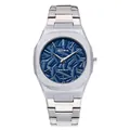 Gros plan d'une montre à quartz pour homme avec un cadran bleu à motifs géométriques - Boîtier Argent et Blanc Cadran Bleu Foncé