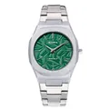 Détail d'une montre à quartz pour homme avec cadran vert texturé et bracelet argenté - Boîtier Argent et Blanc Cadran Vert