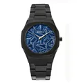Gros plan montre homme BESTWIN avec cadran bleu gaufré et bracelet noir - Boîtier Noir Cadran Bleu Foncé