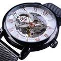 Reloj mecánico automático esqueleto Forsining para hombre con correa de malla - Caja Negra Esfera Blanca (FSG8099)