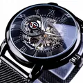 Reloj mecánico esqueleto para hombre con correa de malla negra Forsining - Caja Negra Esfera Negra Escala Plateada (FSG8099)