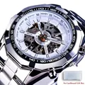 Forsining mechanische Skelettuhr für Herren aus silbernem Edelstahl im Sportstil - S102 / Silber Gehäuse Schwarzer Tachymeter (S102)