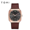 TOMI luxuriöse quadratische Herren-Kalenderuhr mit Roségold-Gehäuse und braunem Lederarmband - Braunrot
