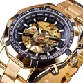 Luxuriöse goldene Edelstahl Skelett Automatik Herren Sportuhr mit Tachymeter-Lünette - Goldenes Gehäuse Schwarzes Skelettzifferblatt