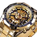 Forsining Luxus Herren Automatikuhr Gold Skelett mit Edelstahlarmband sportliches Design - Goldenes Gehäuse Goldennes Skelettzifferblatt