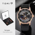 TOMI Herren-Skelettuhr-Set mit schwarzem Lederarmband in eleganter Geschenkbox - Geschenkbox Set (1 Uhr 2 Bänder) / T102-5 (Roségold Schwarzes Zifferblatt)