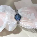 Dettaglio di un elegante orologio da donna con cinturino a maglia argentata e quadrante blu scuro - Quadrante rotondo / Argento (Cinturino Argento Quadrante Blu)
