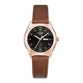 TOMI minimalistische Modeuhr mit braunem Lederarmband und doppelter Kalenderanzeige - Gold Case Coffee Strap (Women)
