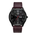 Elegante TOMI minimalistische Modeuhr mit Doppelkalender und braunem Lederarmband - Black Case Red Strap (Men)