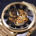 Reloj mecánico de esqueleto Forsining dorado para hombre con números romanos. - Caja Dorada Esfera Negra Correa de Acero Dorada (FSG8099)