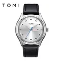 TOMI minimalistische Quarzuhr mit schwarzem Lederarmband und silbernem Zifferblatt - Silver Case Black Strap (Men)