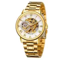 Reloj mecánico de hombre Forsining dorado esqueleto con números romanos - Caja Dorada Esfera Blanca Correa de Acero Dorada (FSG8099)