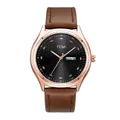 Minimalistische TOMI Quarzuhr mit braunem Lederarmband, schwarzem Zifferblatt und Gehäuse - Gold Case Coffee Strap (Men)
