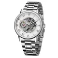 Elegante reloj mecánico automático esqueleto FORSINING plateado para hombre con números romanos - Caja Plateada Esfera Blanca Correa de Acero Plateada (FSG8099)