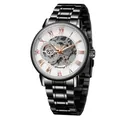 Reloj mecánico automático Forsining para hombre con elegante correa de acero negro - Caja Negra Palabra Oro Rosa Esfera Blanca Correa de Acero Negra (FSG8099)