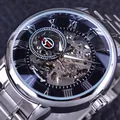 Reloj mecánico de esqueleto Forsining para hombre en acero inoxidable plateado con números romanos - Caja Plateada Esfera Negra Correa de Acero Plateada (FSG8099)