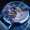 Reloj mecánico Forsining azul esqueleto para hombre con correa de malla metálica - Caja Azul Esfera Azul Correa Azul (FSG8099)