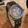 Retro Skelett-Mechanikuhr mit Bronzegehäuse und schwarzem genietetem Lederarmband - s016 Stil / Schwarz